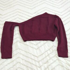 SHEIN Burgundy One-Shoulder Knit Crop Sweater Large Asymmetrical Long Sleeve Top